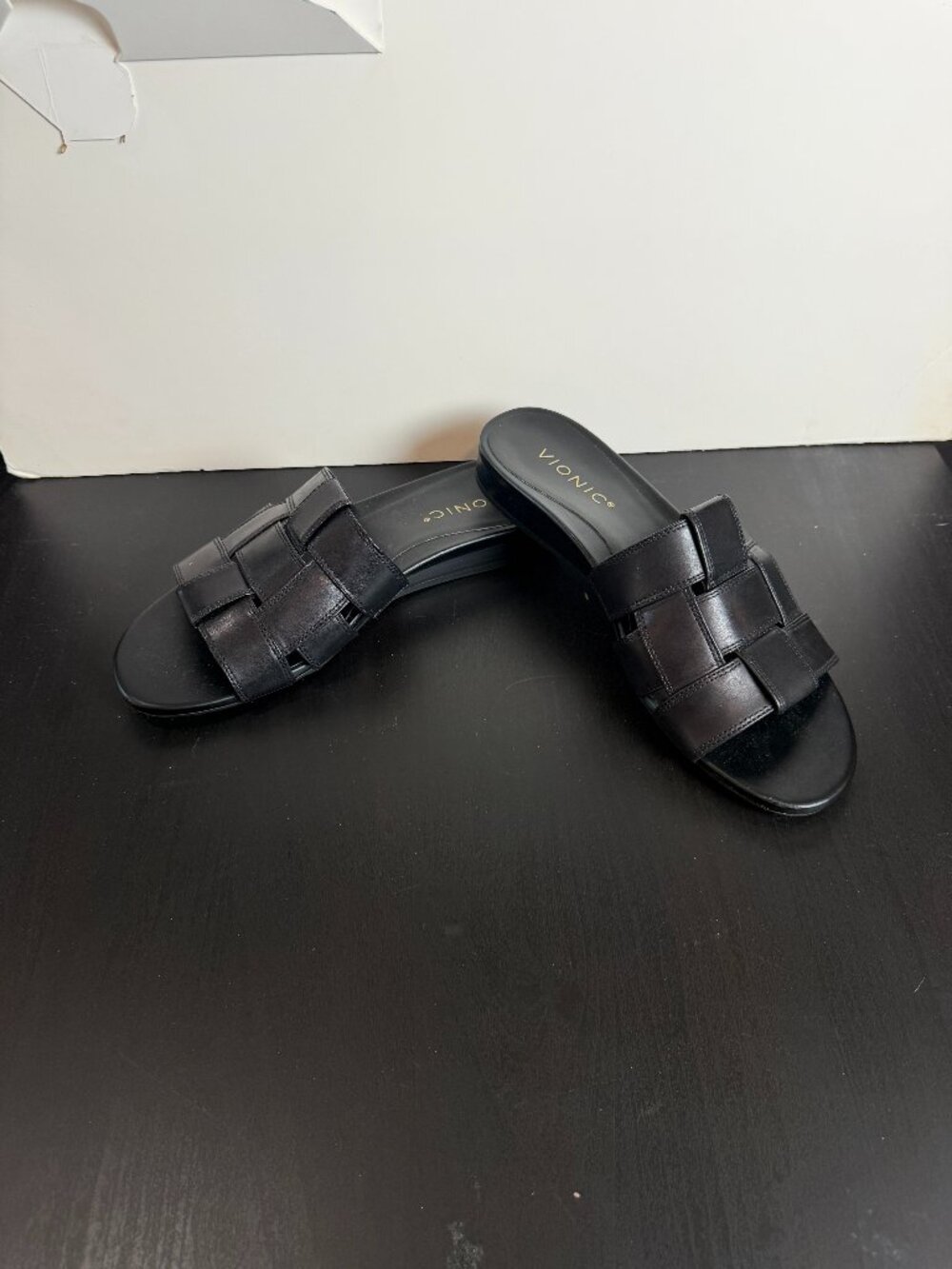 Vionic Glendora Slide Sandals Black Woven Leather Size 9